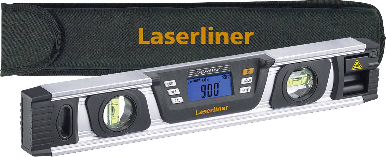 Elektronische waterpas met digitale weergave toont nauwkeurig '9,00'. Behuizing van metaal met verticale en horizontale libel.