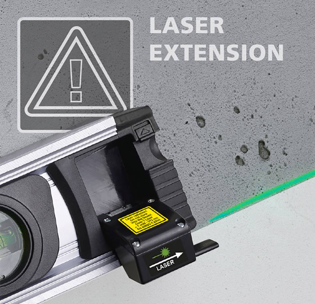 Waterpas met groene laserstraal en waarschuwingssymbool. Tekst: 'Laser Extension'. Perfect voor nauwkeurig uitlijnen op bouwplaatsen.