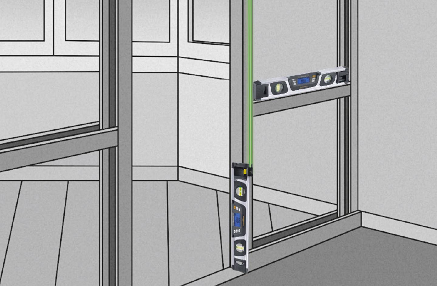 Een laserwaterpas en een waterpas worden in een ruimte gebruikt om de verticale en horizontale uitlijning van muren te controleren.