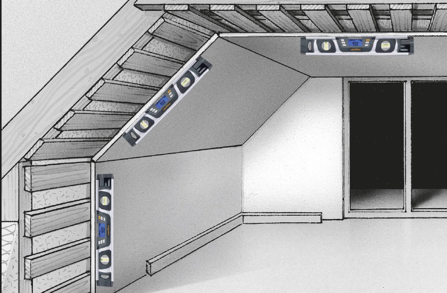 Een zolderkamer met een digitale waterpas aan de muur en een dakschuin. Rechts een raam en houten balken zijn zichtbaar.