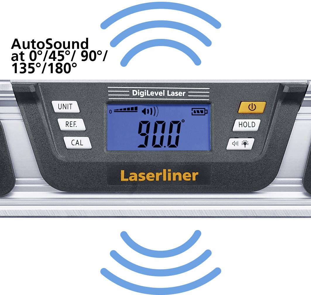 Een digitaal laser-waterpas-display toont '90.0', omgeven door blauwe golflijnen, met het opschrift 'AutoSound bij 0°/45°/90°/135°/180°'.