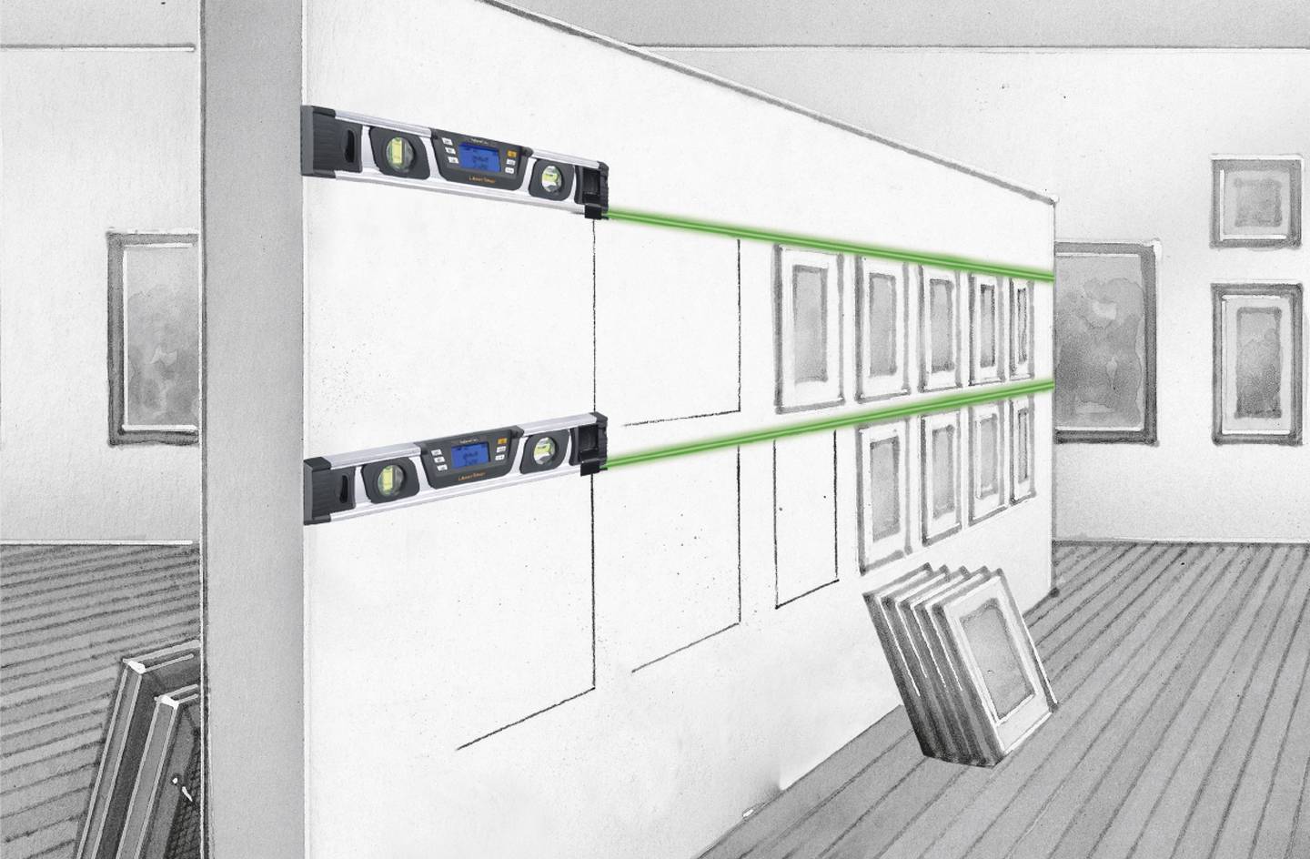 'Waterpas projecteert groene laserlijnen op witte muur om schilderijlijsten gelijkmatig op te hangen. Lijsten en schilderij op de achtergrond.'