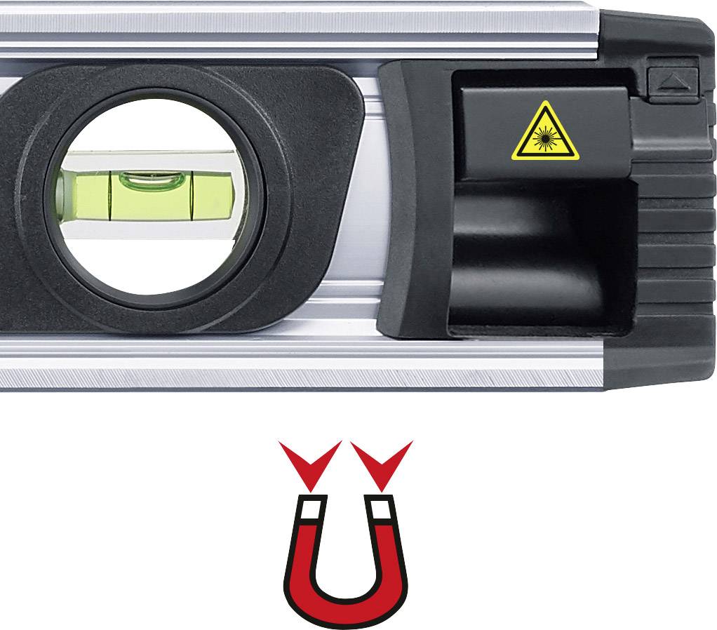 Een zilveren, magnetische waterpas met laserfunctie. In het midden bevindt zich een libel voor het waterpassen. Onderaan staat een magneet-symbool.