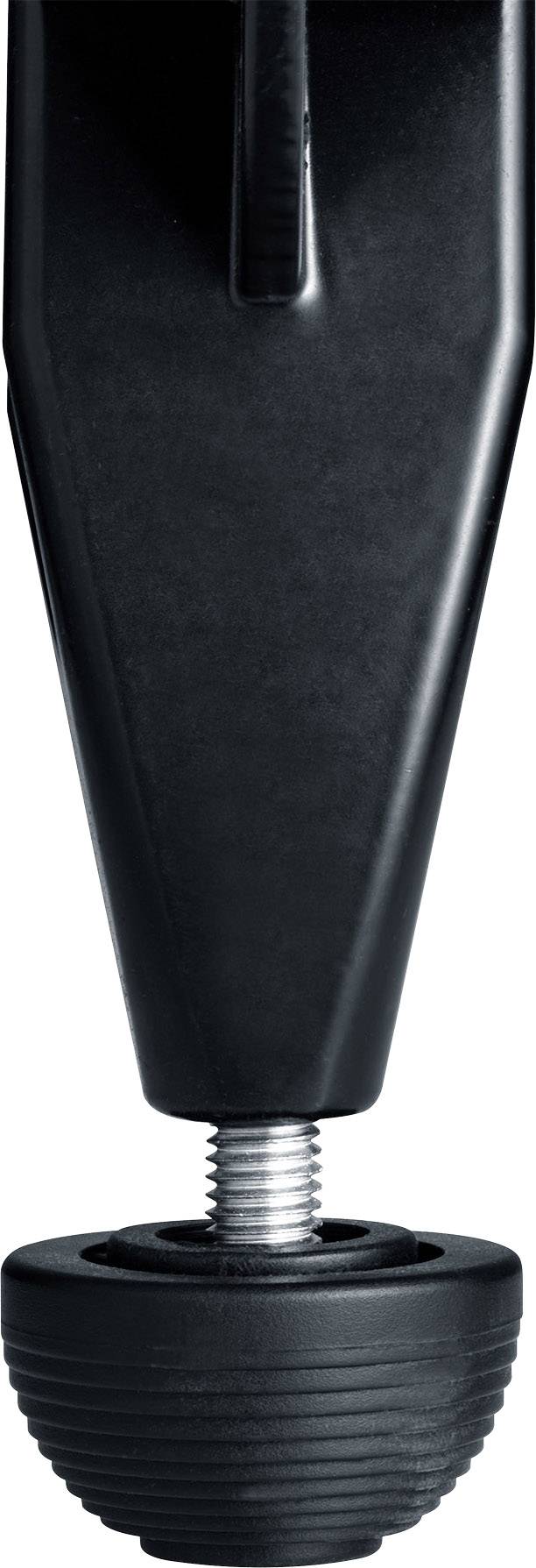 Zwarte, verstelbare kunststof voet met een schroef die onderaan uitsteekt. Weergegeven in close-up van opzij.