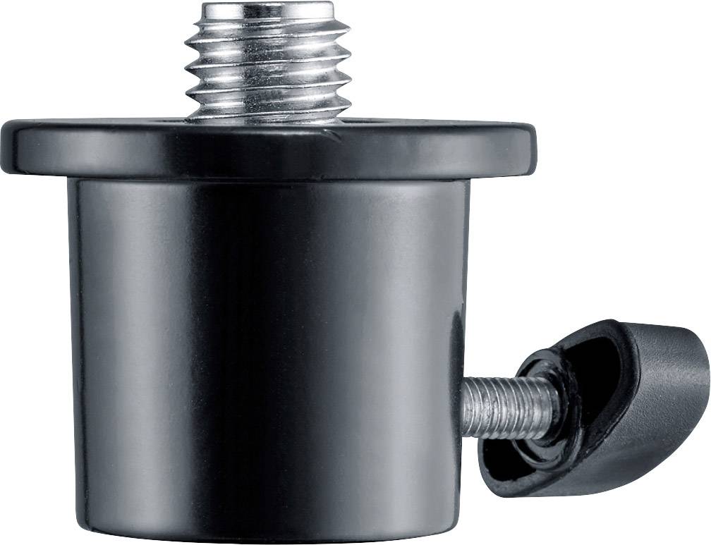 Zwarte adapter met metalen schroefdraad en zijdelingse schroef, mogelijk bedoeld voor montagedoeleinden of voor het bevestigen van apparaten.