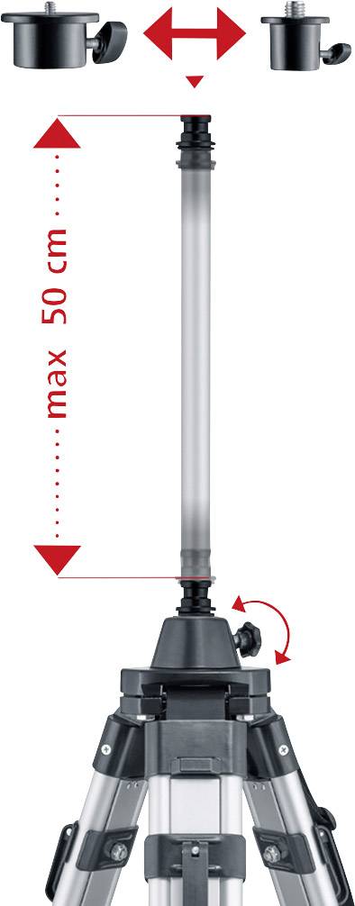 Statief met uittrekbare middenzuil, maximaal 50 cm lang, pijlen tonen telescoop- en rotatieмеханisme voor hoogteaanpassing.