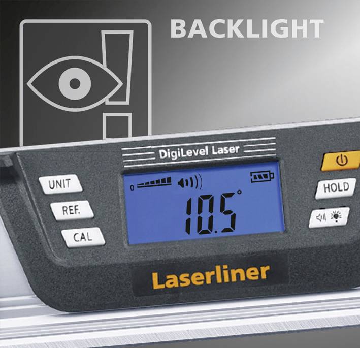 Digitale hoekmeter met displayweergave toont 10,5 graden. Knoppen voor eenheden, kalibratie en achtergrondverlichting aanwezig.