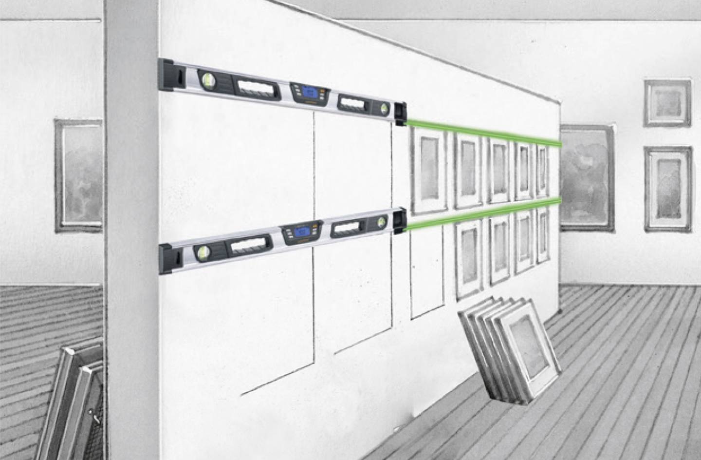 Een galerij met schilderijen wordt nauwkeurig horizontaal opgehangen met behulp van twee waterpassen. Een van de waterpassen toont een groene markering ter ondersteuning.