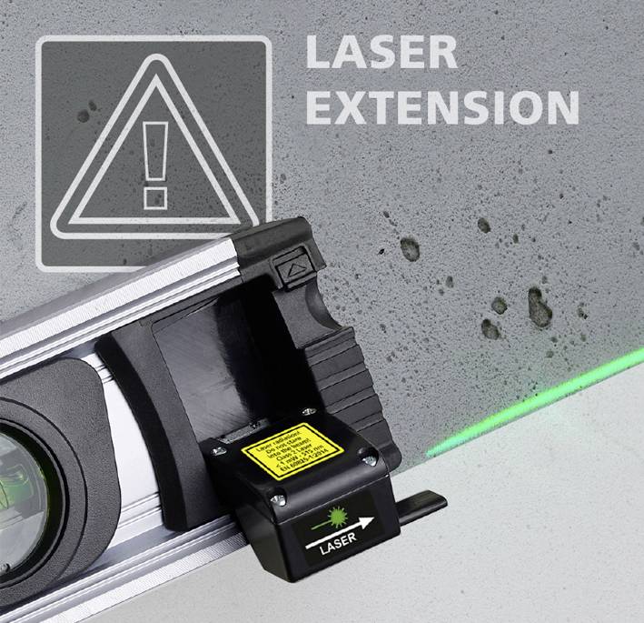 'LASER EXTENSION' toont een groene laserlijn die wordt geprojecteerd door een waterpas, samen met een waarschuwingssymbool voor voorzichtigheid.