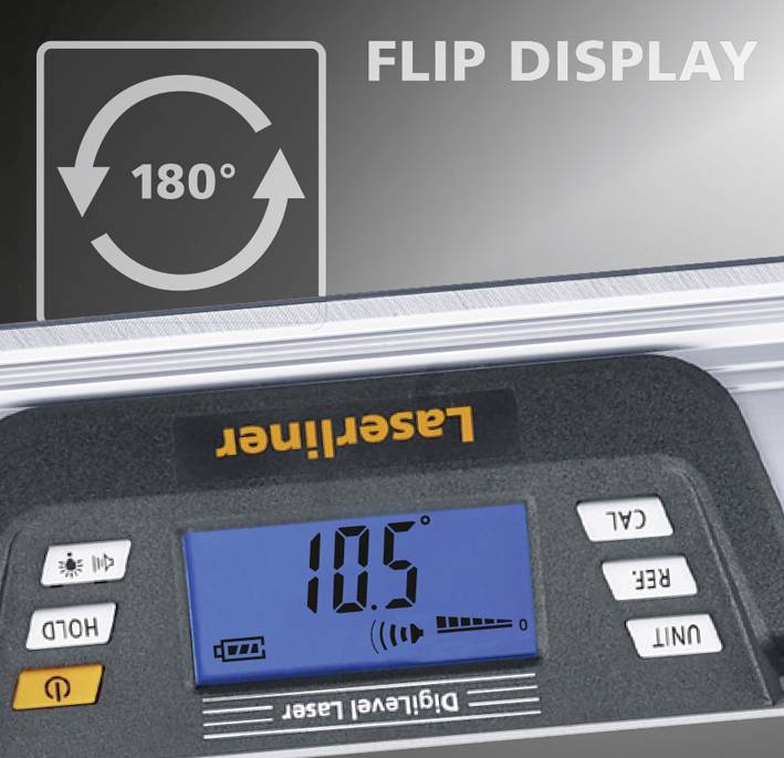 Digitale hoekmeter met omkeerbaar display toont 110,5 graden. Ideaal voor nauwkeurige metingen met lasertechnologie.
