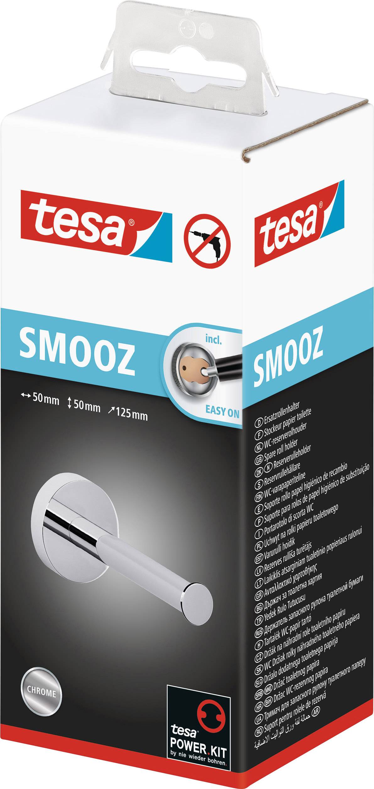 Verpakking van een tesa Smooz handdoekhouder met Easy-On montage, zilverkleurig, inclusief tesa Power.Kit, afmeting: 50 mm.