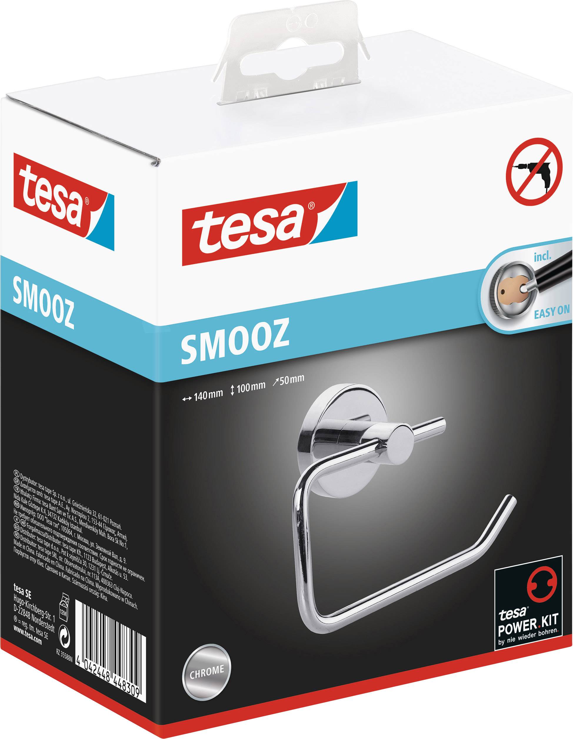 Verpakking van een Tesa SMOOZ toiletrolhouder. Bevat Power.Kit voor eenvoudige bevestiging, zonder boren. Chromen afwerking.