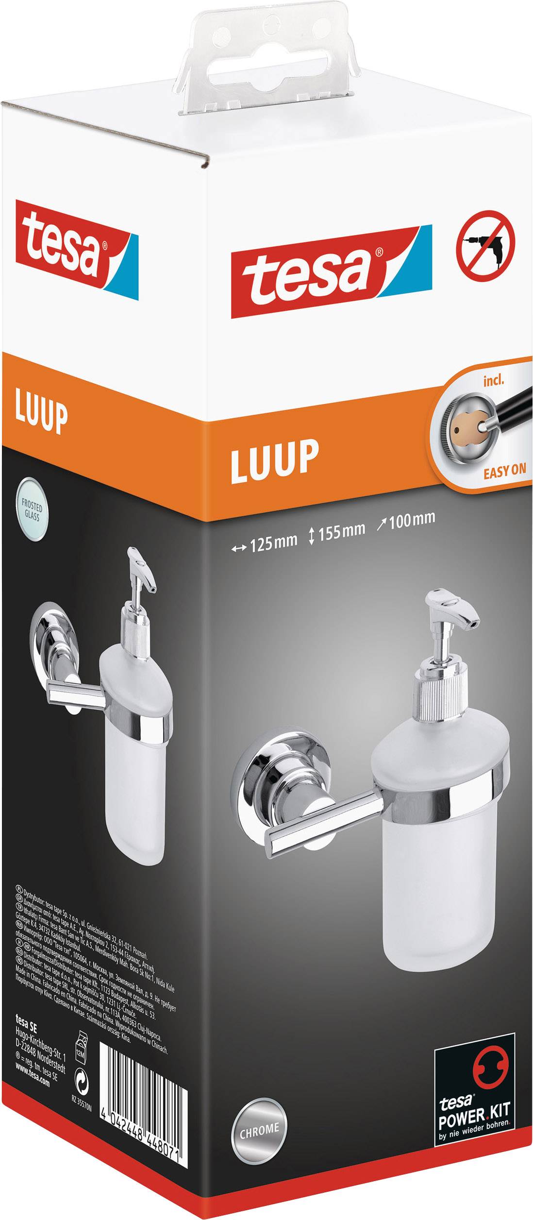 Verpakking van een wandzeepdispenser van het merk 'tesa LUUP' met Easy-On-technologie; toont een zilveren model met glazen reservoir.