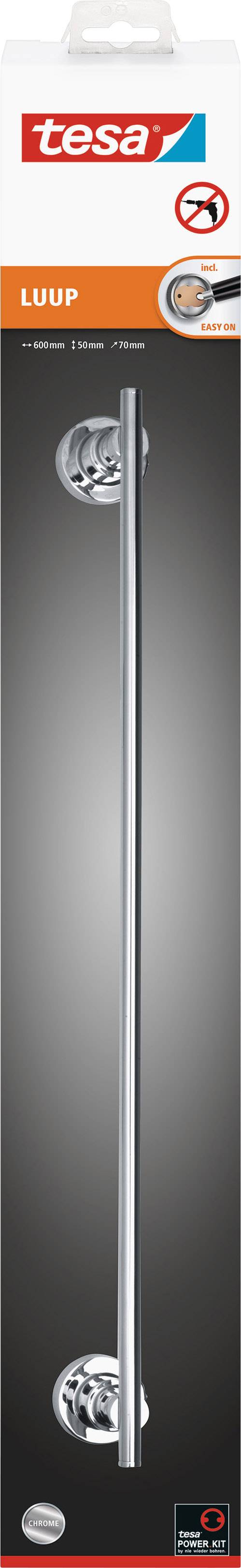 Verpakking van een tesa LUUP handdoekhouder, zelfklevend, glanzend zilver, met twee wandbevestigingen bovenaan en onderaan afgebeeld.