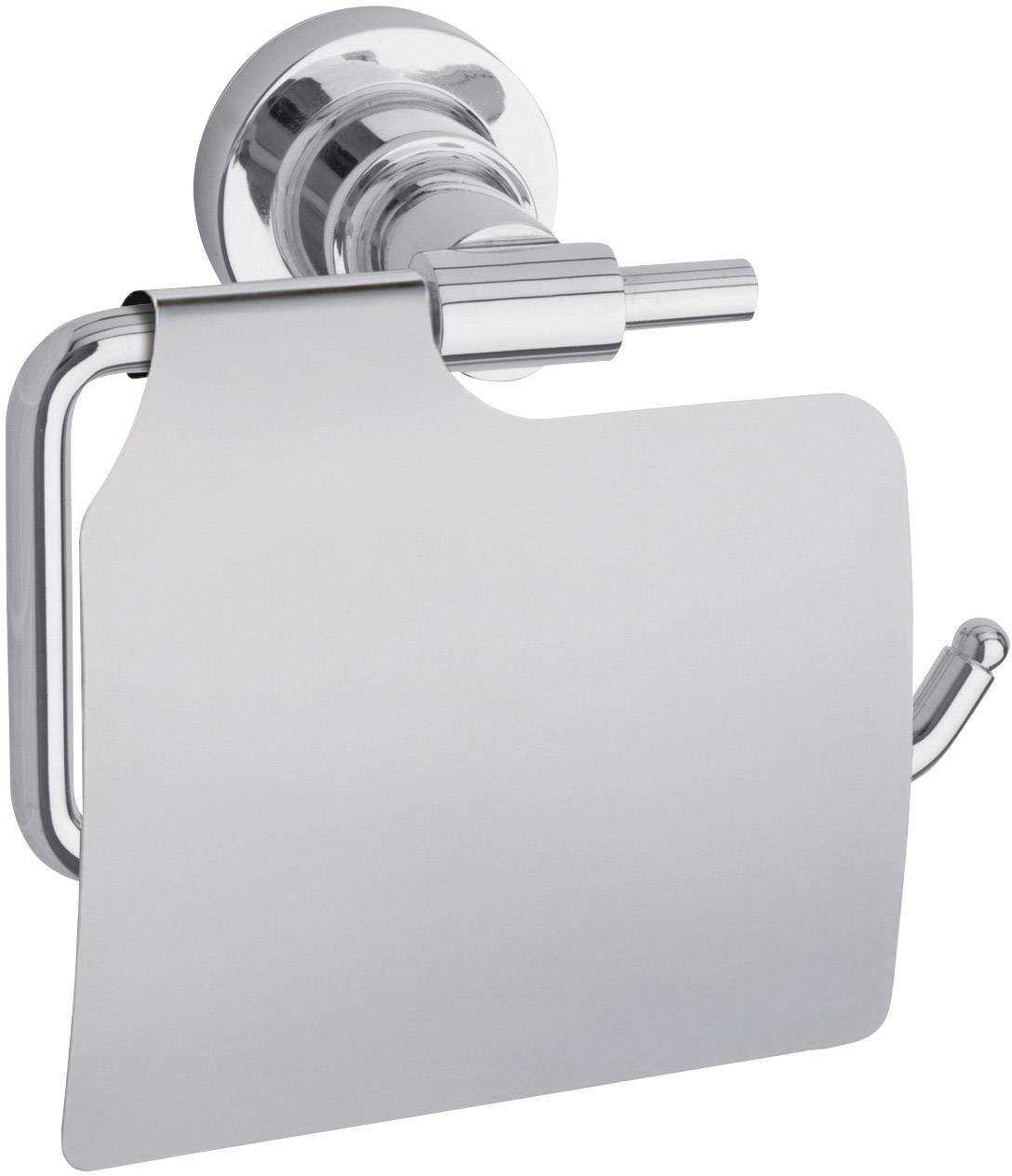 Een glanzende metalen toiletrolhouder met geïntegreerd afdekschild, gemonteerd aan de muur.