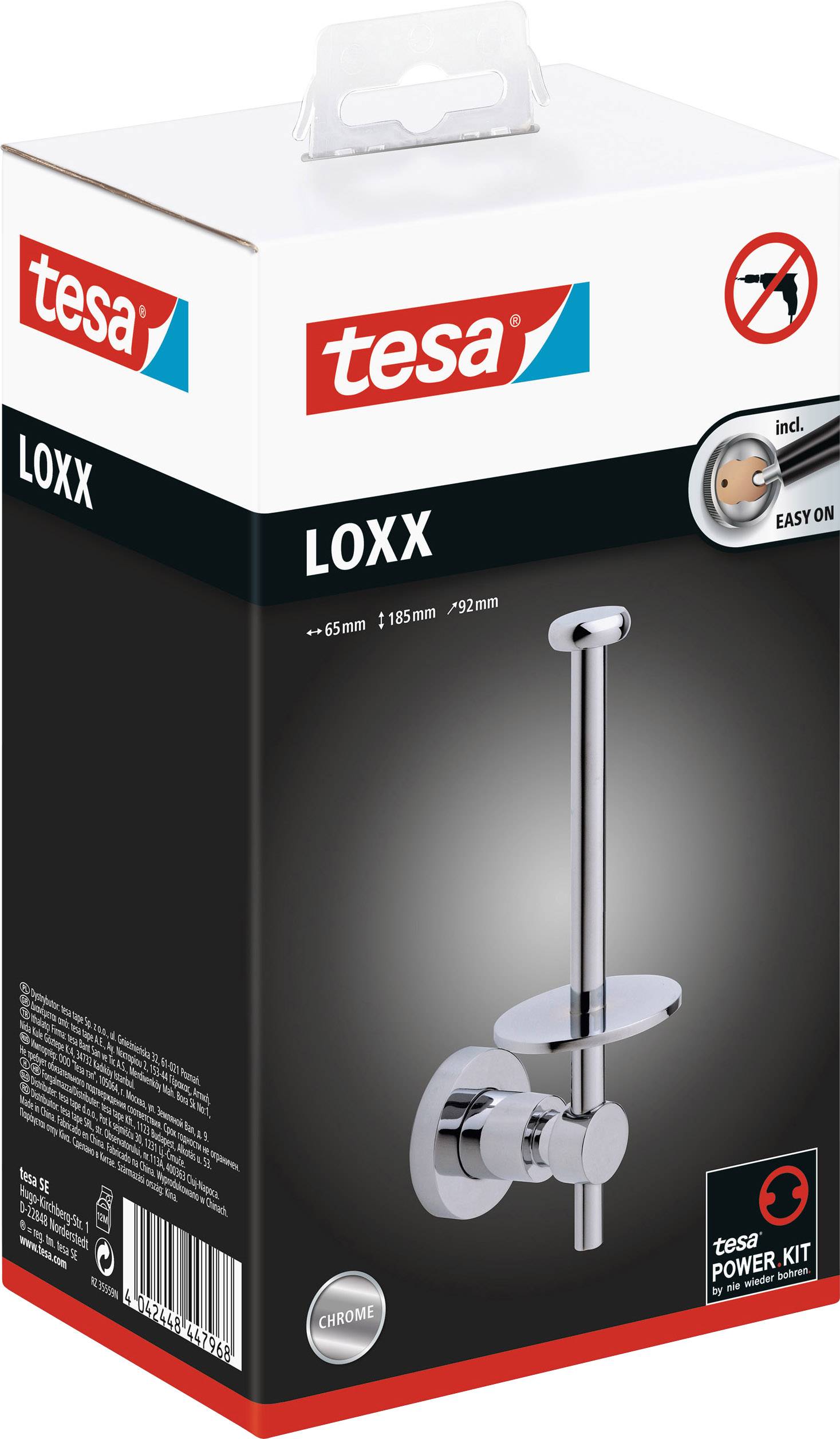 Verpakking van een tesa Loxx wandhouder met Power Kit. Afgebeeld is een chroom wandhouder met bevestiging zonder boren.