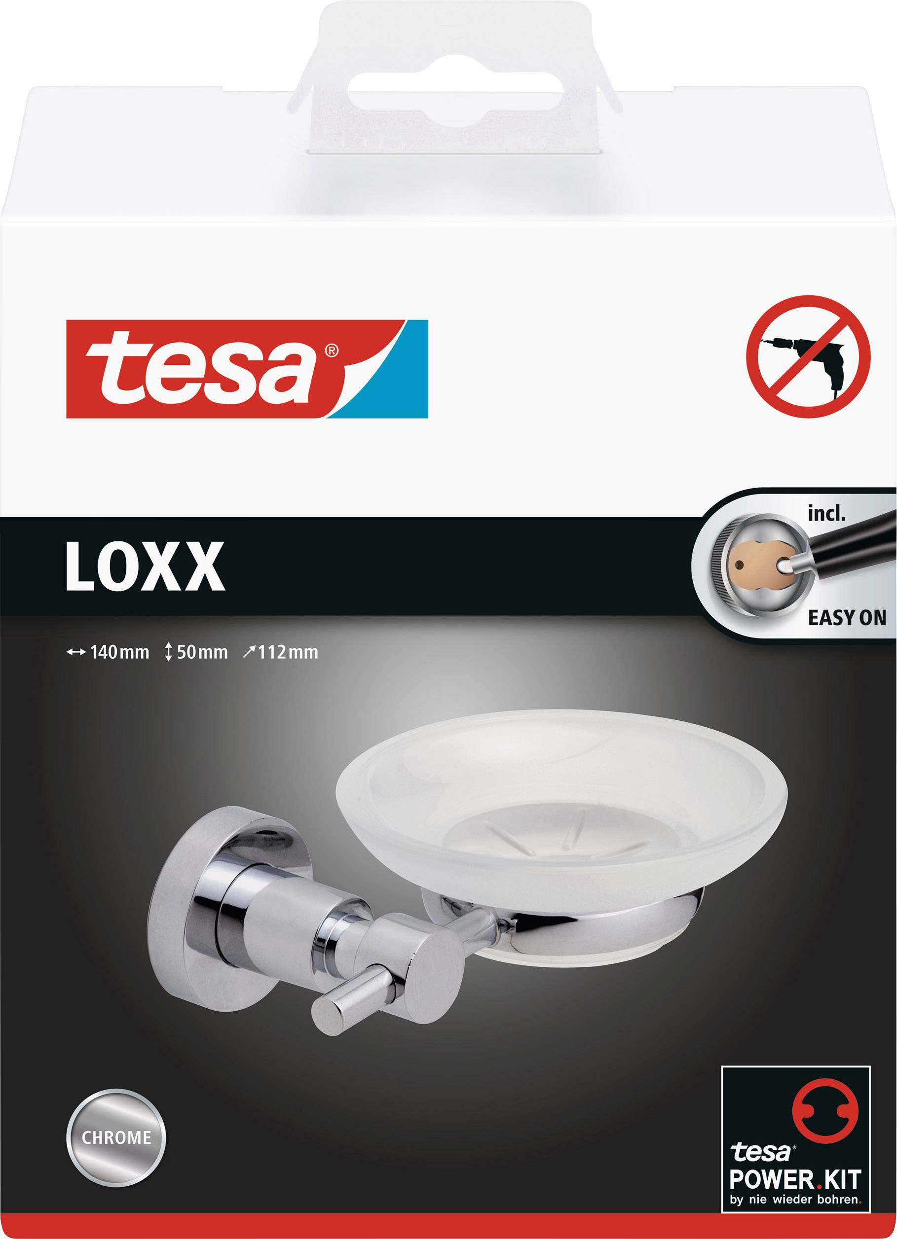 'Afbeelding van tesa Loxx zeepschaal, chroomkleurig, inclusief bevestigingsset voor eenvoudige montage, zonder boren nodig.'