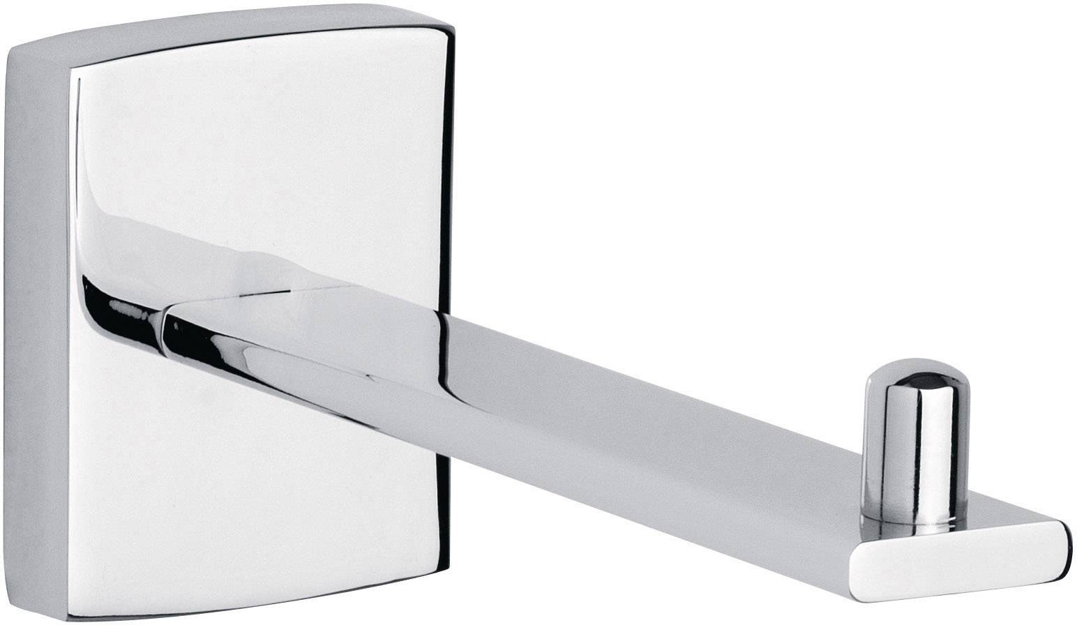 Een moderne, verchroomde wandhaak met een rechthoekige basis en een afgeronde haak, geschikt voor het ophangen van voorwerpen.