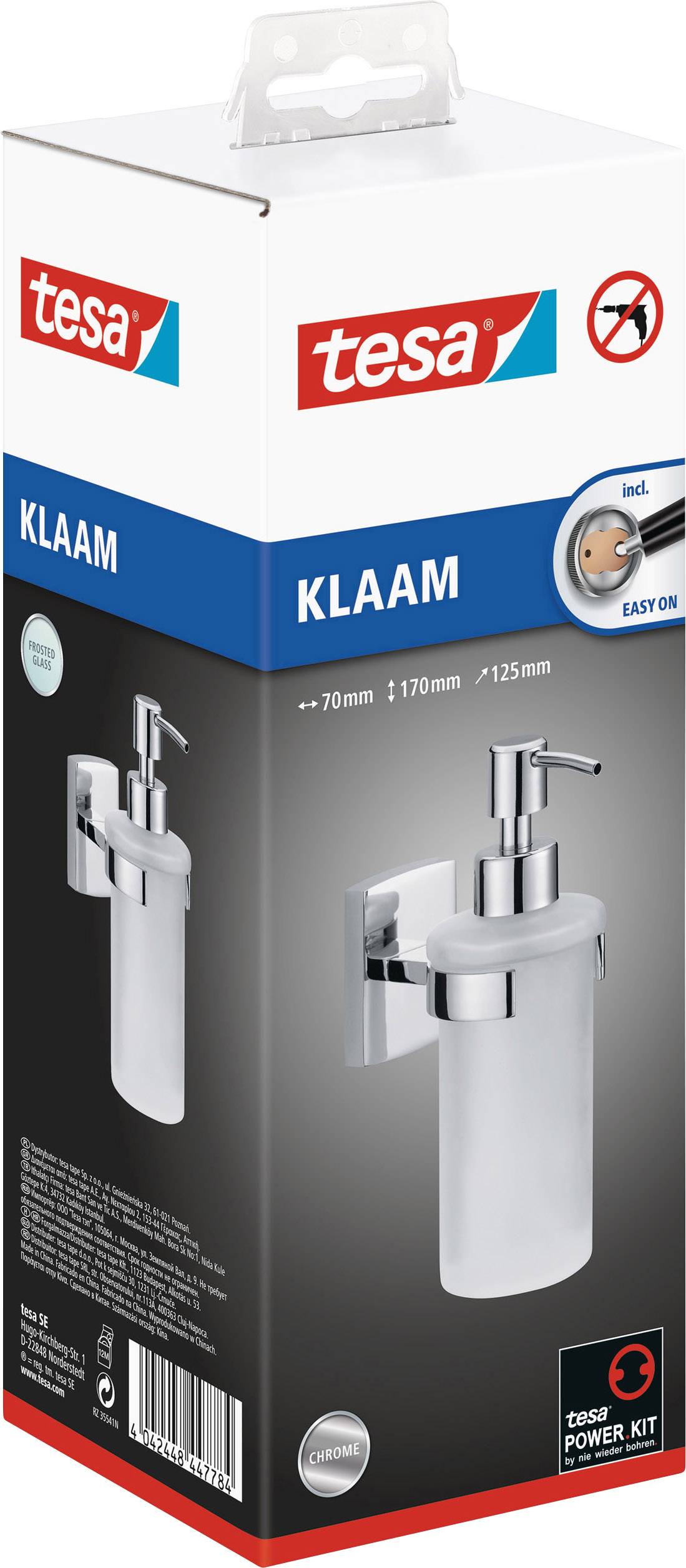 Verpakking van een Tesa Klaam zeepdispenserset met wandbevestiging, eenvoudige montage zonder boren, afgebeeld in zilverkleur.