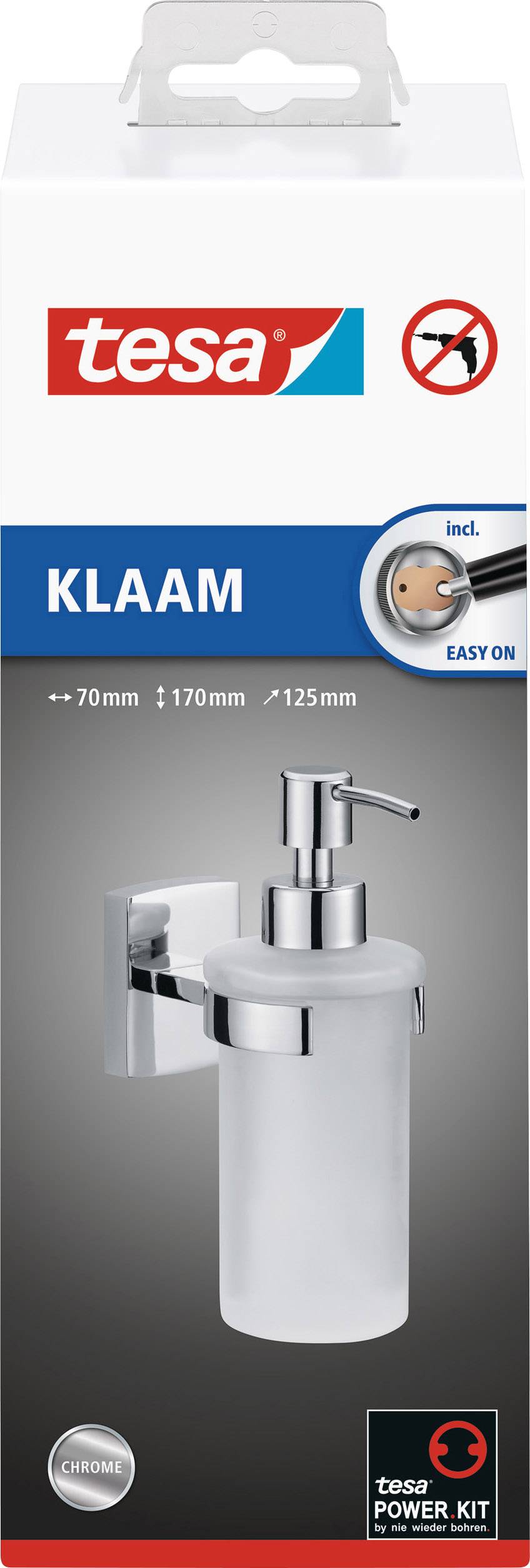 Verpakking van een Tesa zeepdispenser genaamd 'Klaam' met wandbevestiging, chroom-look, montageinstructie 'Easy On', afmetingen: 70x170x125 mm.