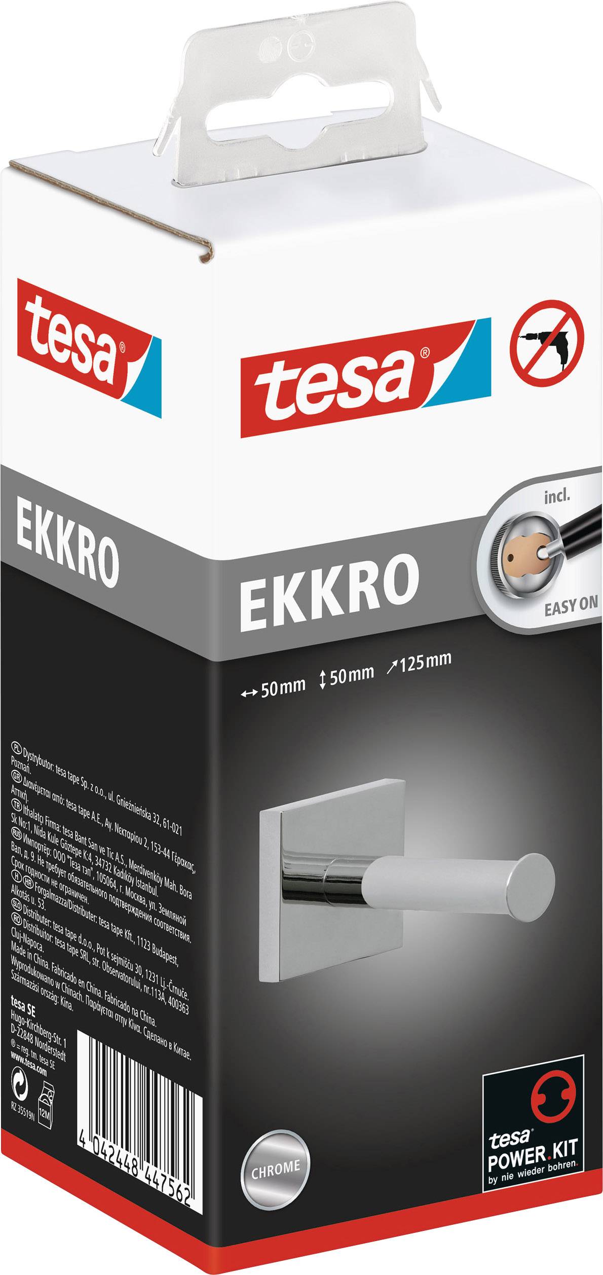 Verpakking van een tesa EKKRO muurhaak zonder boren, met Power.Kit-technologie, chroom, inclusief plakstrip en instructies.