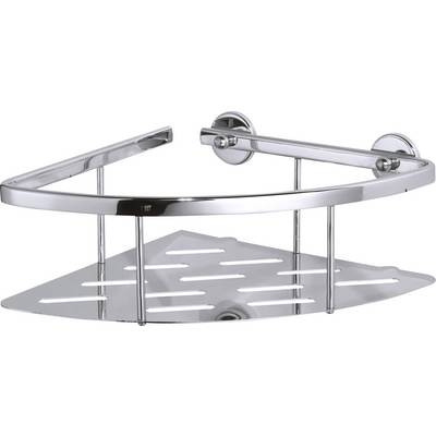 Metalen hoek voor in de badkamer voor opberging, met een ronde voorkant en geperforeerde bodem voor waterafvoer, wandmontage.