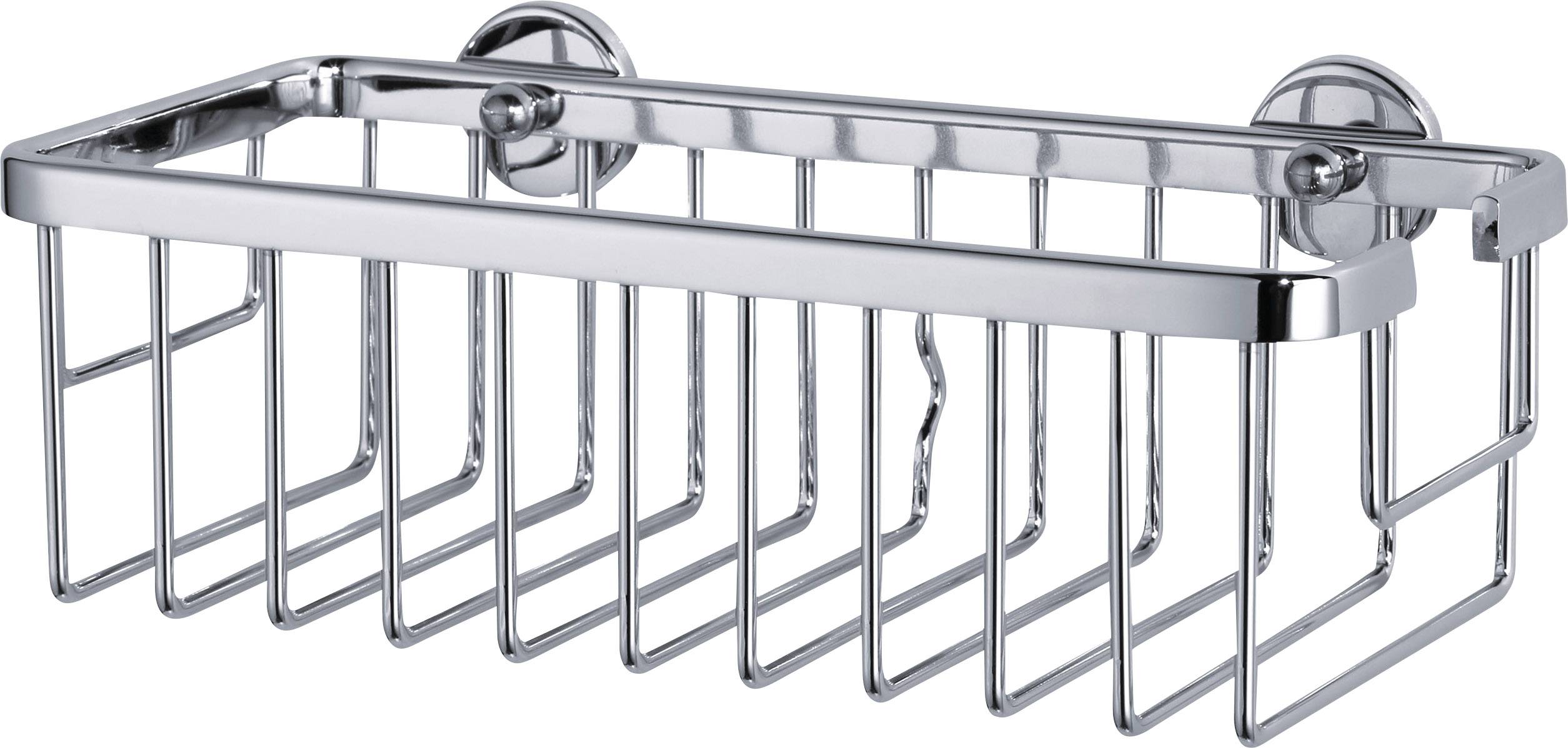 Een verchroomde wandmand met rasterpatroon voor opberging, gemonteerd op twee ronde houders. Ideaal voor badkamerproducten.