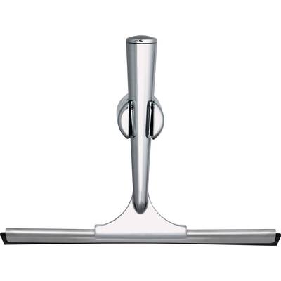 Een zilveren douchetrekker met een ergonomische handgreep, bevestigd aan een wandhouder.