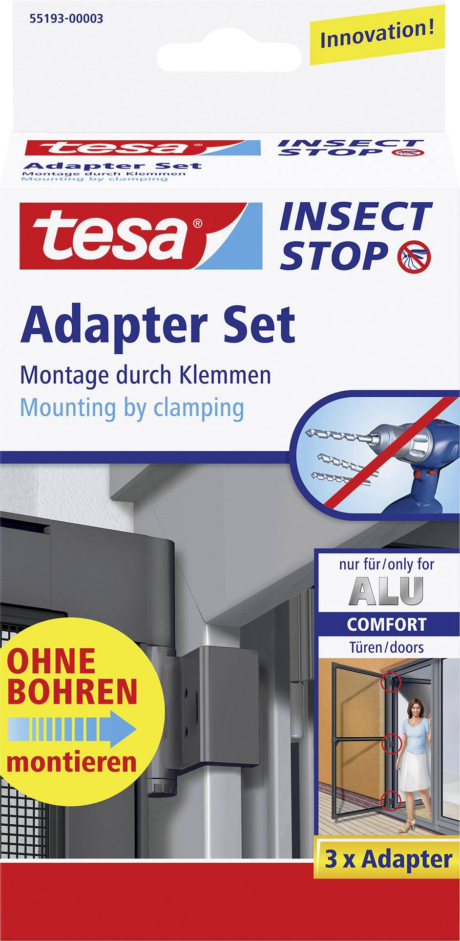 Verpakking van een tesa Adapter Set voor het monteren van insectenbescherming zonder boren. Bevat drie adapters, geschikt voor aluminium deuren.
