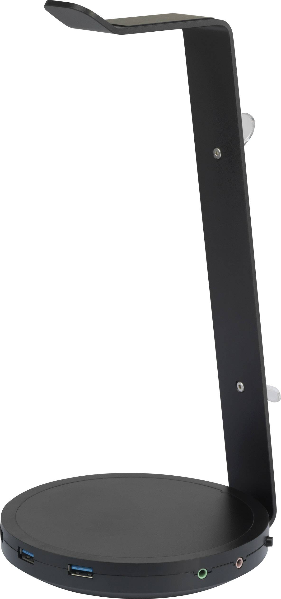 Koptelefoonstandaard met ronde voet, USB-poorten en audio-aansluitingen aan de voorkant.