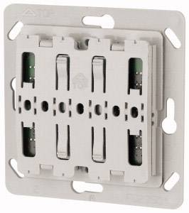 Een tweevoudige wip-schakelaar met rechthoekige afdekplaat, geschikt voor montage in gestandaardiseerde schakelkasten.