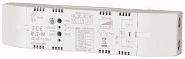Elektronisch apparaat in rechthoekige vorm met technische opdrukken en verschillende aansluitingen aan boven- en onderzijde.