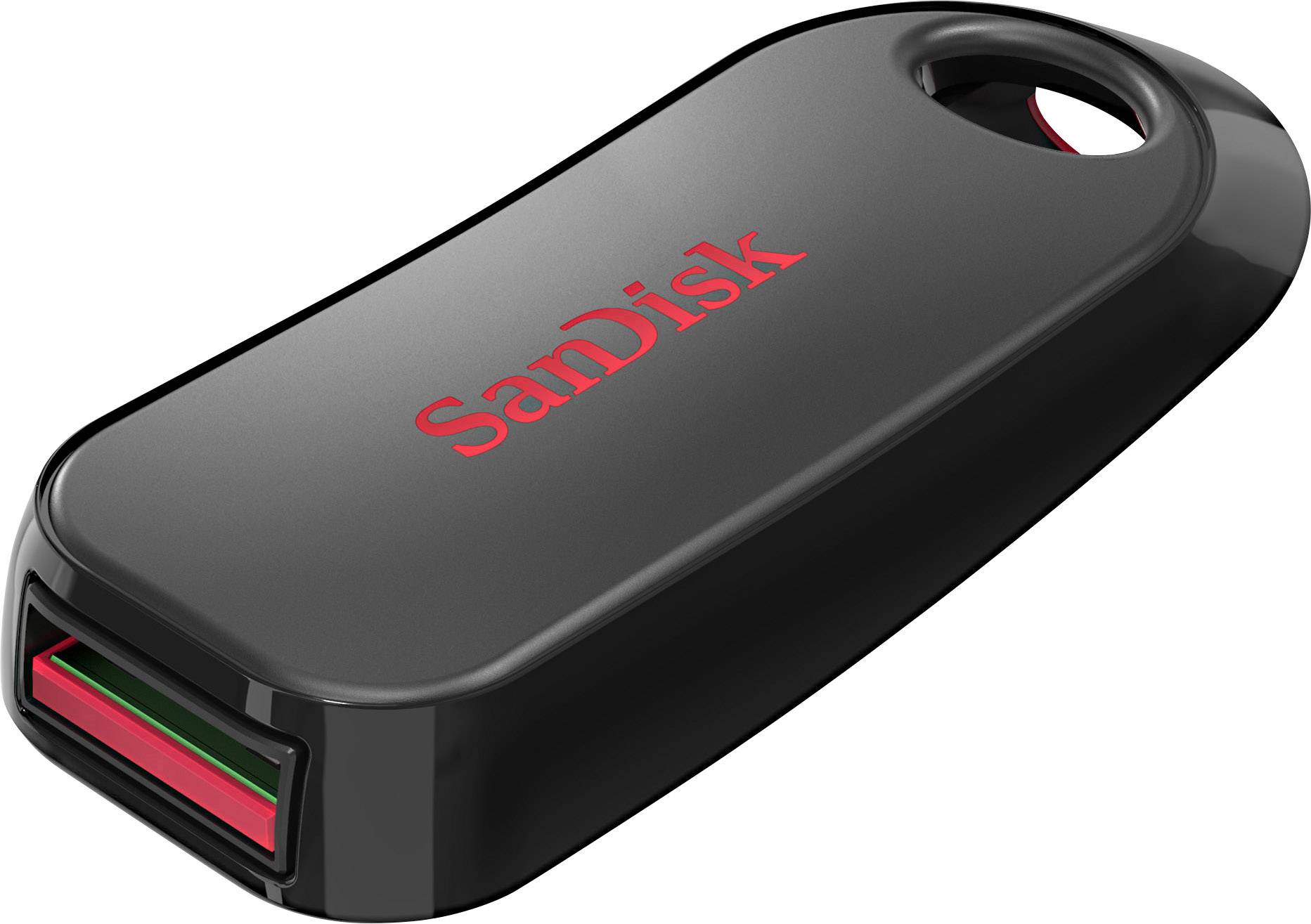 Een zwarte USB-stick van SanDisk met rode tekst, liggend op een witte ondergrond.