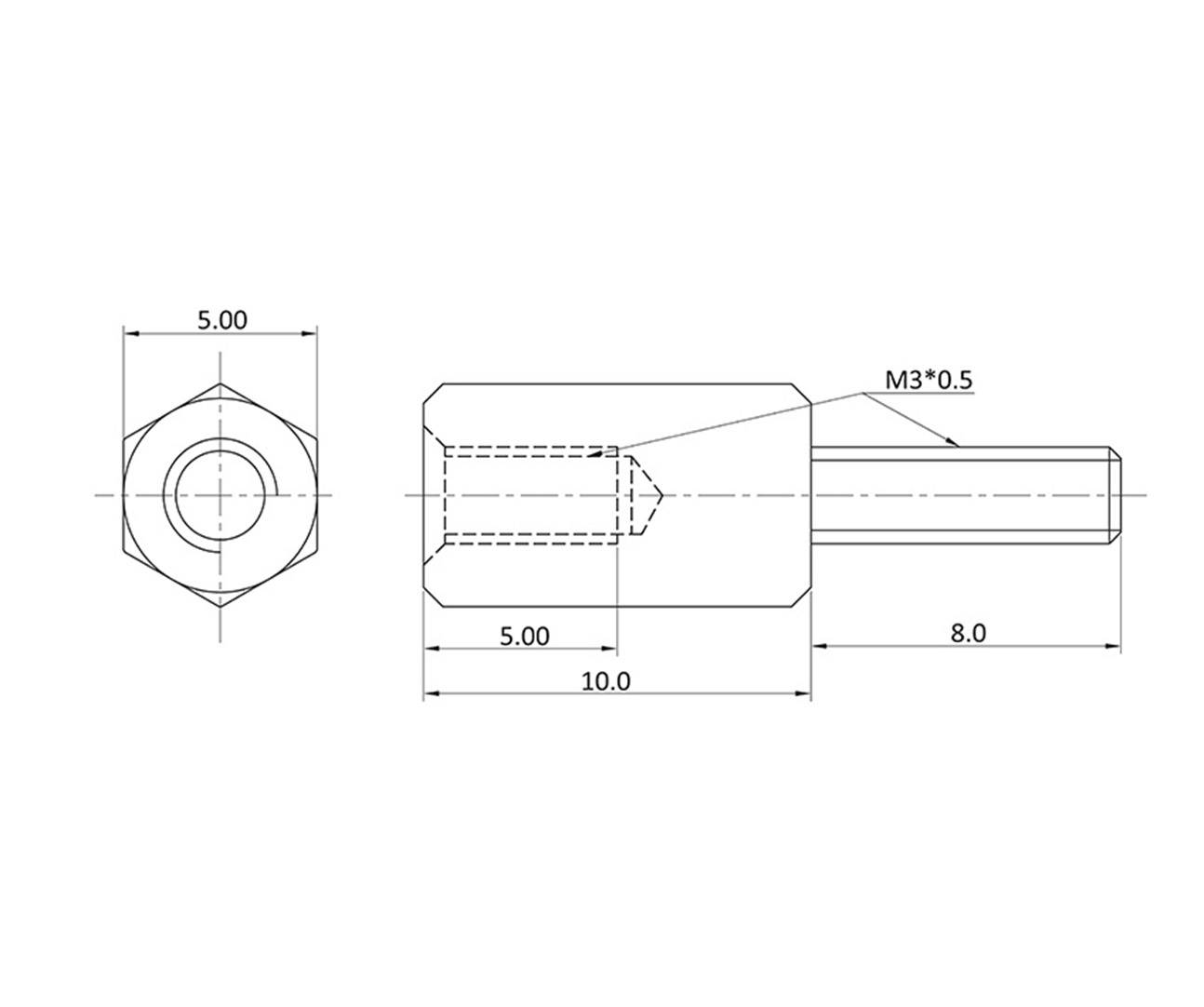 Technische tekening van een metalen pen met afmetingen: Totale lengte 15,0 mm, mantel 10,0 mm, diameter 5,0 mm, schroefdraad M3*0.5.