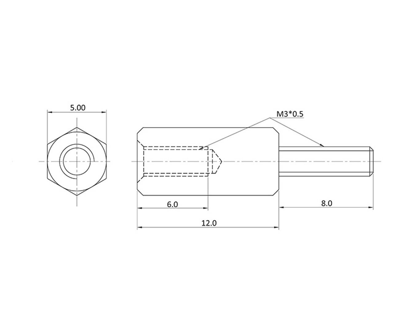 Technische tekening van een zeskant afstandsbout. Afmetingen: 5.0, 6.0, 8.0, 12.0 mm. Schroefdraad: M3*0.5. Bovenaanzicht en zijaanzicht.