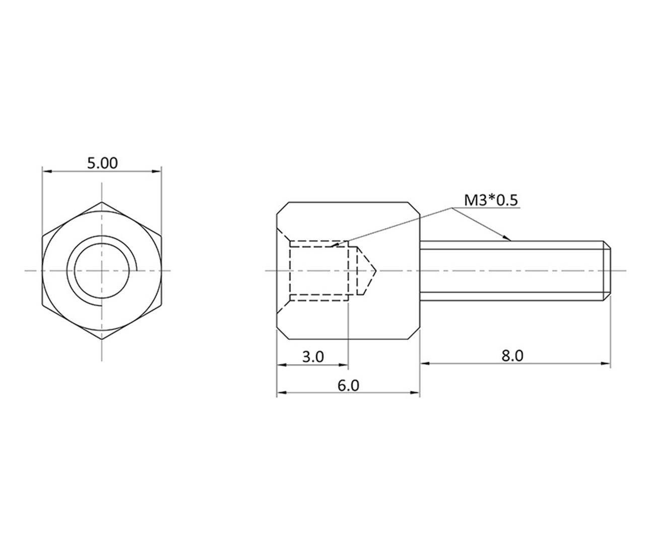 Technische tekening van een zeshoekige bout met afmetingen: kop diameter 5 mm, schroefdraad M3*0,5, totale lengte 8 mm, verdere gedetailleerde afmetingen aangegeven.