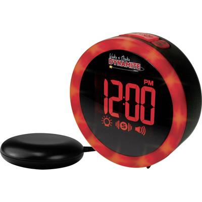 Zwarte en rode wekker met groot digitaal display '12:00'. Hij heeft een aangesloten trilalarm.
