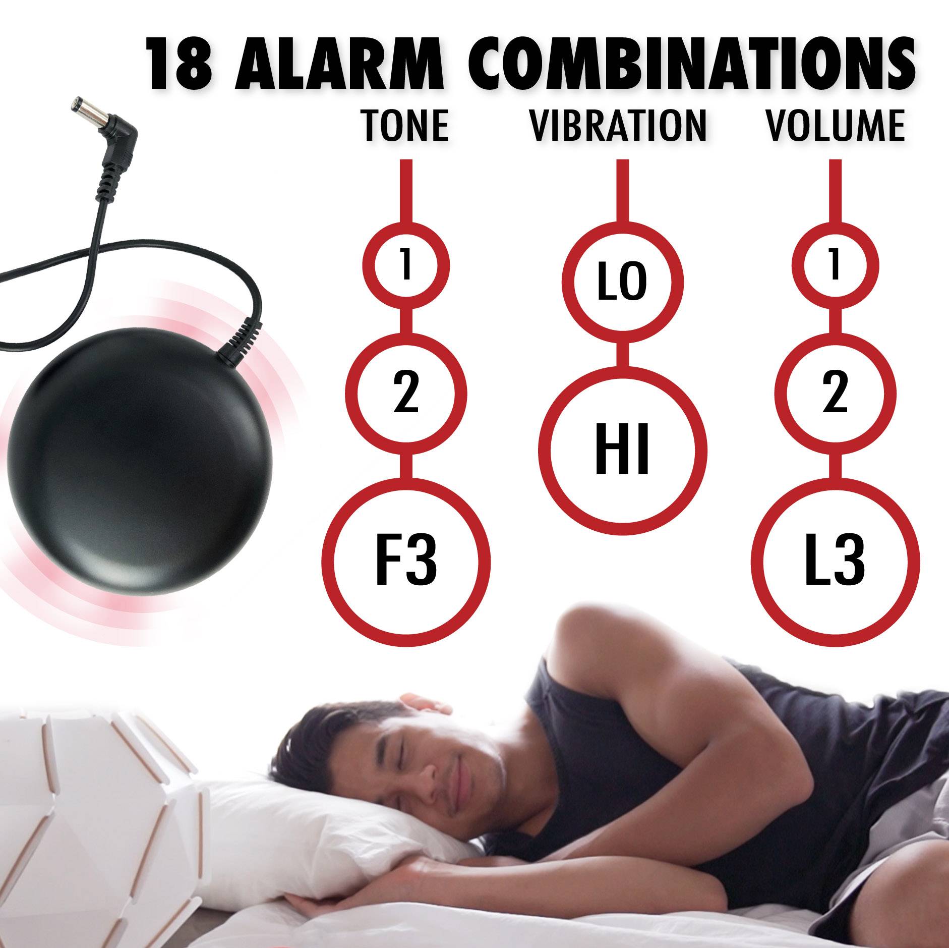 Een man slaapt terwijl een wekker met 18 alarmcombinaties naast hem ligt. Functies: geluid, trillen, volume.