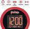 Digitale wekker met rode rand toont '12:00 PM'. Functies: alarm, nachtlamp, USB-opladen, 3 helderheidsniveaus, trilalarm.