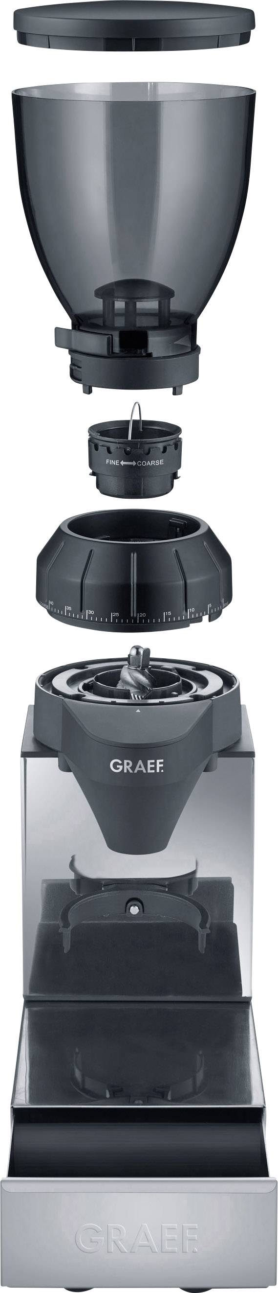 Espressomolen uit elkaar gehaald: bonencontainer bovenaan, daaronder het maalwerk, basis met 'Graef' logo. Zwart-zilver ontwerp.