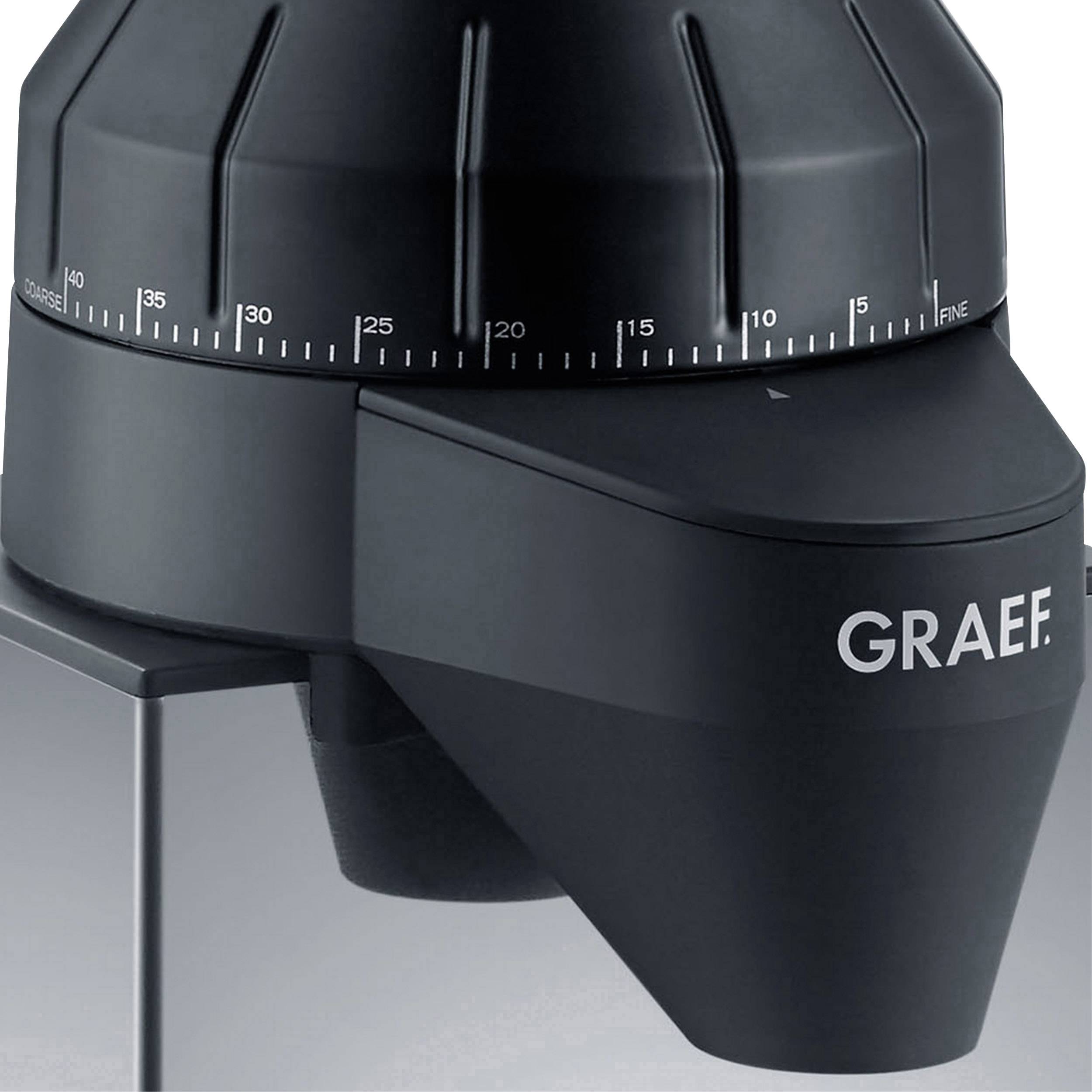 Een detail van een zwart elektrisch slijpapparaat met een schaal van 'Grof' tot 'Fijn' en de merknaam 'GRAEF' aan de zijkant.