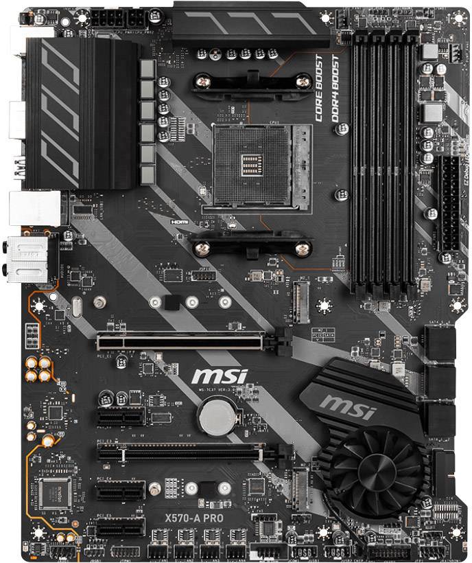 Moederbord MSI X570-A PRO, zwart, met PCIe-sleuven, RAM-slots en koellichamen; geschikt voor AMD-processors.