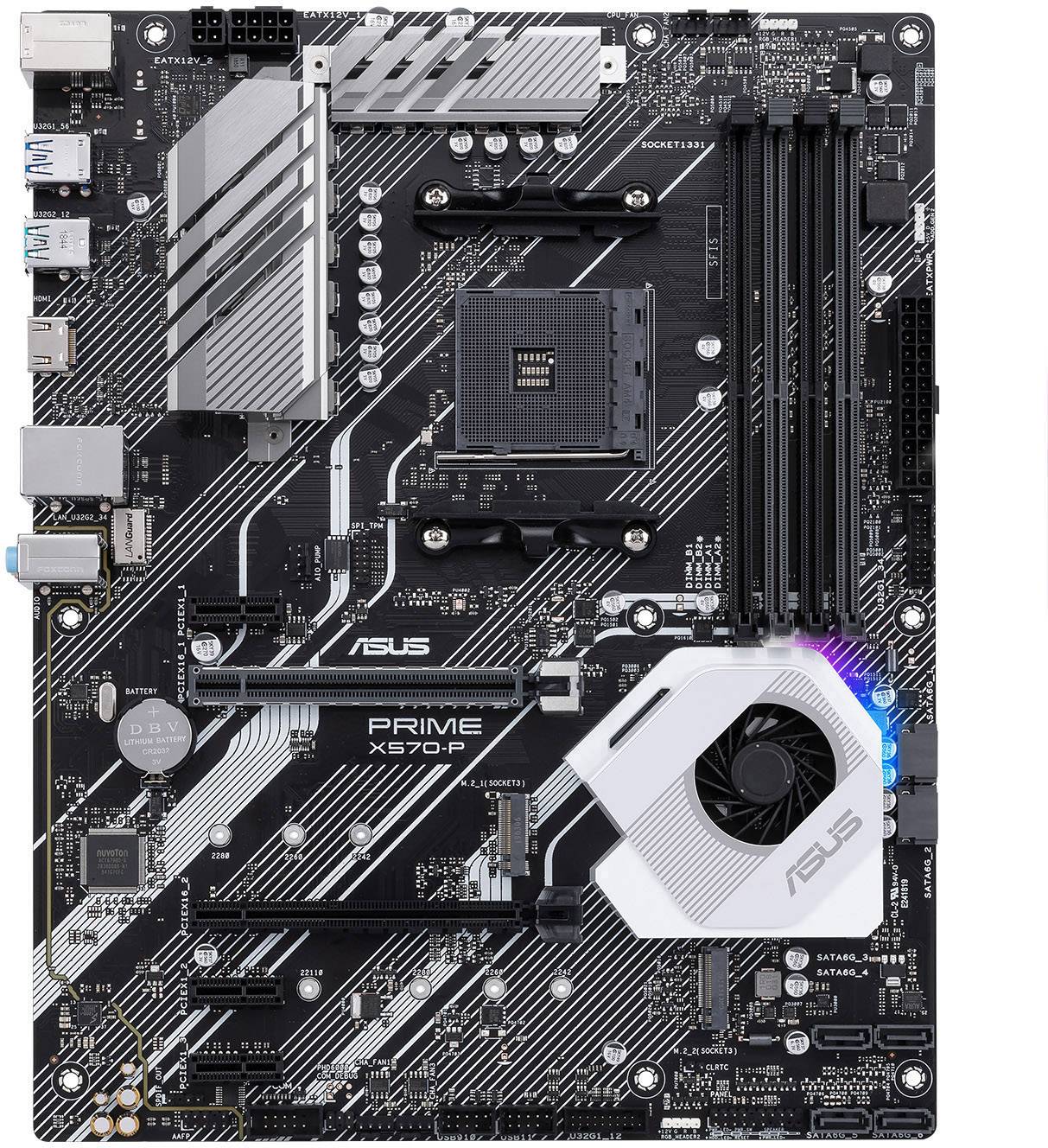 Een ASUS PRIME X570-P moederbord met meerdere PCIe-sleuven, RAM-slots en gekleurde accenten rechts onderin.