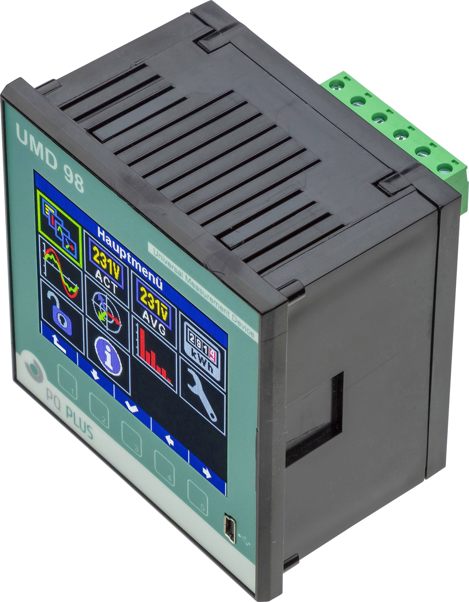 Een digitaal meetinstrument, model UMD 98, toont elektrische meetwaarden zoals spanning en stroom op een kleurenscherm.