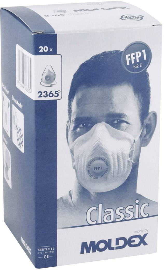 Een man draagt een witte FFP1-ademhalingsmasker. Verpakking toont merk 'Moldex', modelnummer '2365', en verpakkingsgrootte '20'.