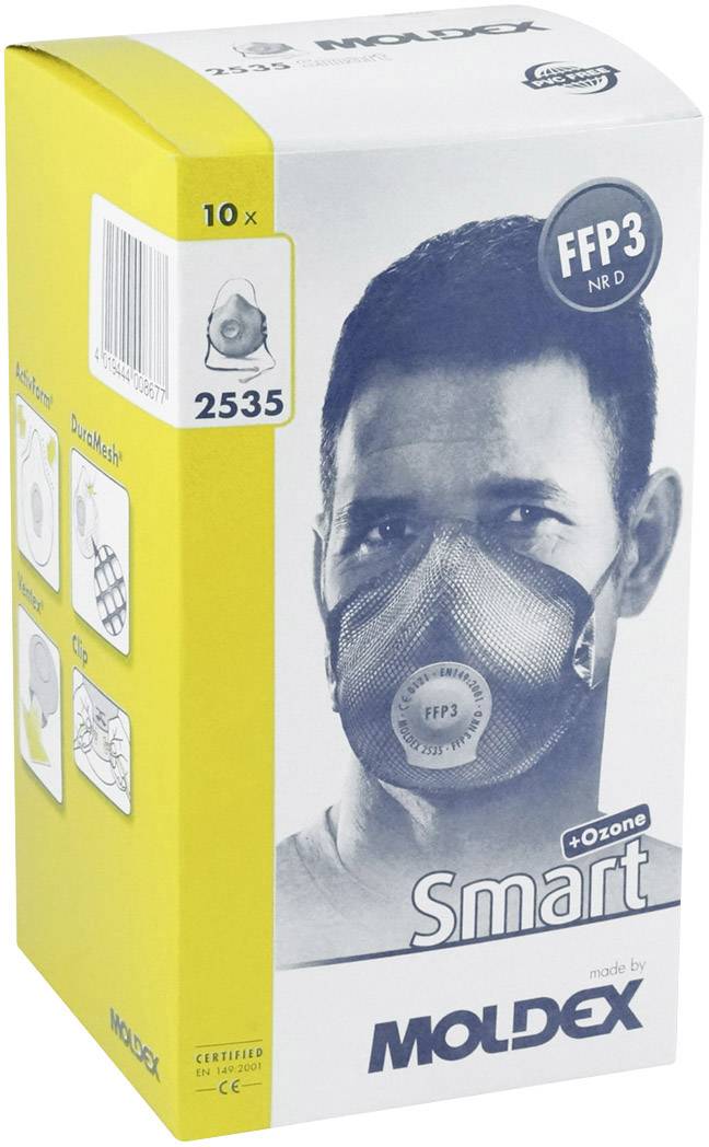 Verpakking van een FFP3 ademmasker, toont een man met masker. Tekst: 'Smart' en 'Moldex'. Inclusief 10 maskers.