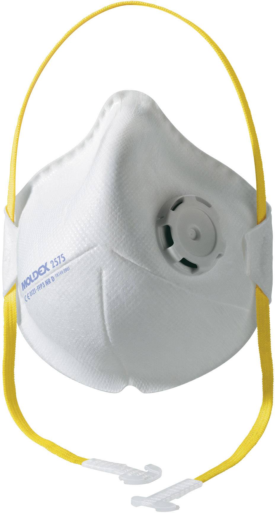 Een witte ademhalingsmasker met gele elastische banden en een ventiel aan de voorkant.