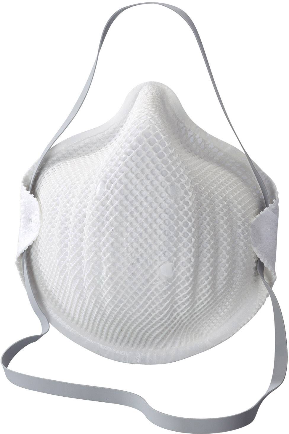 Een witte beschermingsmasker met elastische banden om mond en neus te bedekken.