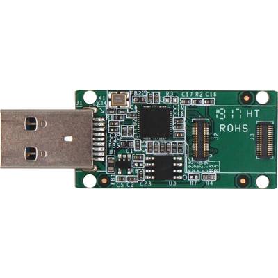 USB-apparaat met een kleine groene printplaat waarop elektronische componenten en verbindingen zichtbaar zijn. Markeringen tonen 'ROHS'.