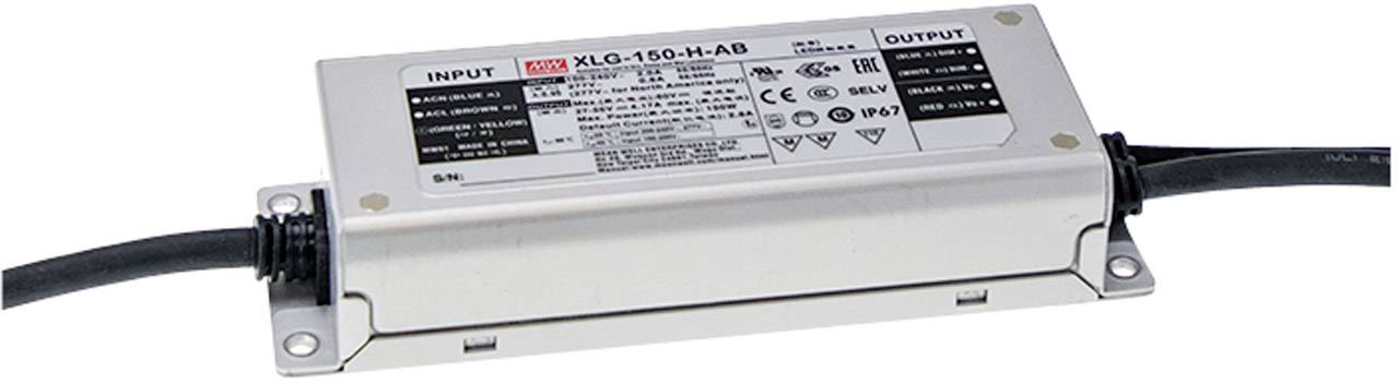 Metalen LED-voeding met ingangs- en uitgangskabels, productnaam 'XLG-150-H-AB', technische informatie op de bovenzijde.